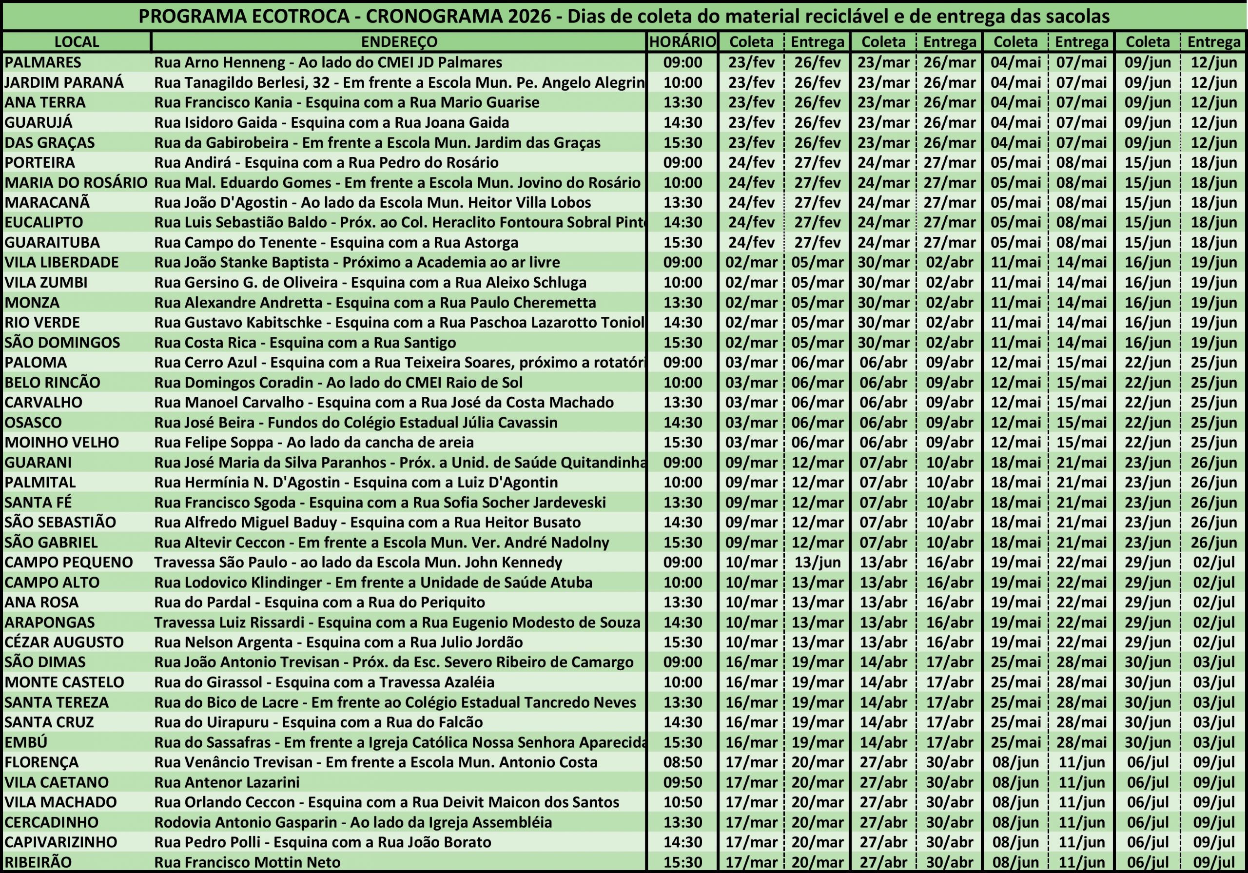 Calendário do EcoTroca