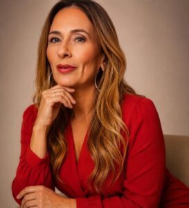 Roberta Nunez Maia de vestido vermelho apoia o queixo na mão em retrato com fundo neutro
