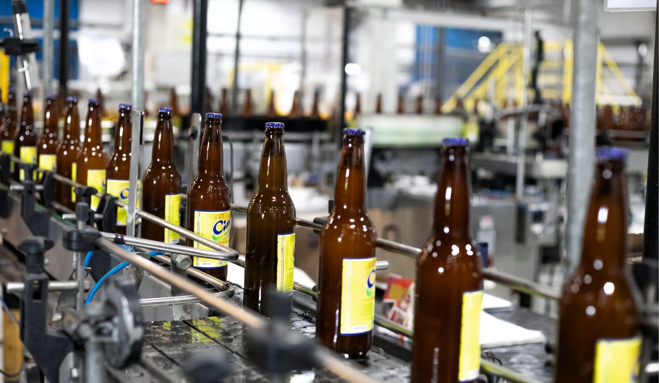 Garrafas de vidro castanho com rótulo amarelo em esteira rolante automatizada na indústria de alimentos no Paraná.